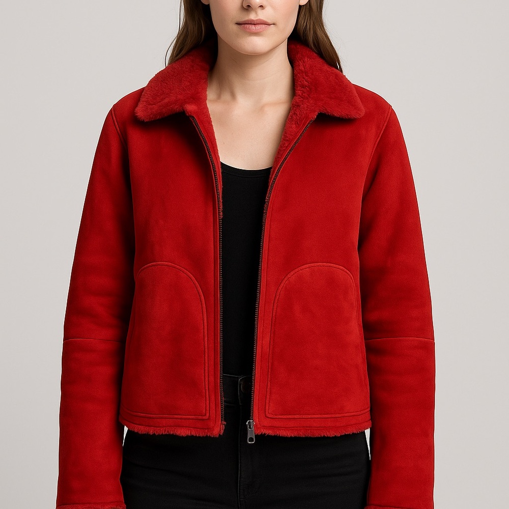 Emporio Armani 100% Lamb Shearling Jacket – Red –Genuine Sheepskin Fur Coat